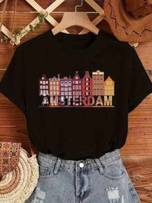 Women's Mexican T-Shirt With Amsterdam Print - Dutch Cityscape Design In Vibrant Yellow And Colorful Buildings, Casual Short Sleeve Crew Neck T-Shirt, Machine Washable, Travel Souvenir, All-Season Clothing, Lightweight Printed T-Shirt For Urban Enthusiasts. Summer Fashion Cotton T-Shirt - 黑色 - 查看 6