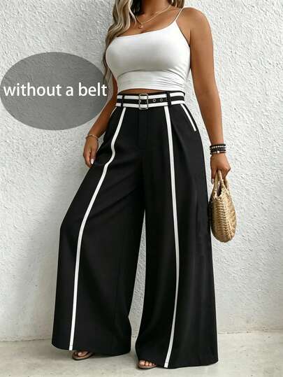 Plus Size Women's Black & White Striped Wide Leg Pants, High Waist Relaxed Fit Straight Leg Trousers With Pockets, Casual Workwear Pants Suitable For Office, Business, Party, Daily Wear