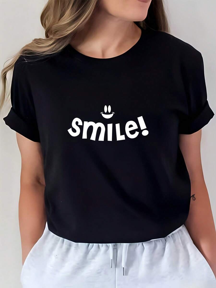 Camiseta Deportiva Casual para Mujer ¡Sonríe! - Camiseta Negra Elástica de Cuello Redondo, Lavable aáquina, Ajuste Cómodo y Perfecta para Todas las Estaciones, para un Look Optimista y Casual. - Negro - Ver 1