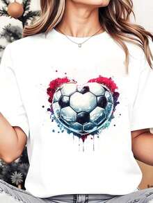 Camiseta Casual para Mujer, Cuello Redondo, Estampado de Balón de Fútbol y Corazón, Ropa Casual para Fanáticos del Fútbol, Día de San Valentín, 220g, 100% Algodón, Resistente - Blanco - Ver 7