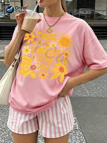Camiseta de verano premium para mujer con estampado de girasoles, texto inspirador, estilo dopamina en amarillo cálido, 100% algodón, estilo casual de vacaciones de verano, cuello redondo y manga corta. - Rojo - Ver 7