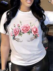 1pc Women'S Floral Rose Print T-Shirt - Casual Crew Neck Polyester Knit Fabric Tee, Regular Length, Breathable & Comfortable for all Seasons - Branco - View 1
