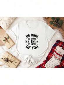 "Be Kind Brave True" T-Shirt – Unisex Motivational Summer Clothing, Round Neck, 100% Cotton Women's T-Shirt, Boho Clothing For Women, Women's T-Shirt - 白色 - 查看 2
