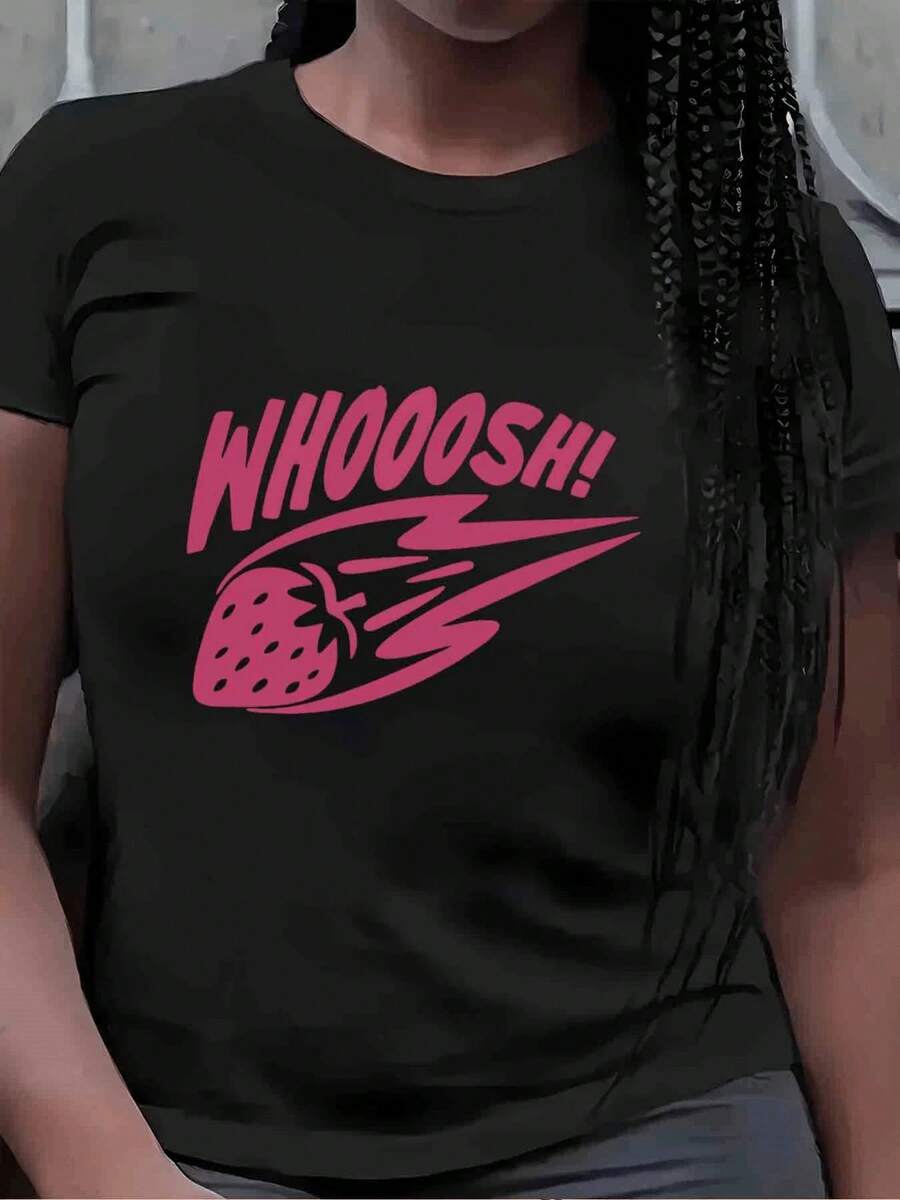 Fresa rosa en movimiento con efecto de velocidad que simboliza energía frescura dinamismo y alegría juvenil ideal para expresar vitalidad diaria camiseta de mujer moderna casual cómoda - Negro - Ver 1