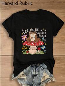 Una camiseta de mujer de manga corta, holgada, moderna, a la moda, retro y elegante, adecuada para actividades al aire libre en primavera y verano.1 pieza.Camiseta de cuello redondo - Camiseta 'Let Me Be Weird Peace' con estampados coloridos de ranas, setas y flores.Moda Y2K, retro, transpirable, casual, versátil, una prenda imprescindible para el verano, ideal como regalo para reuniones familiares.blusas para mujer,blusas casuales para dama,tops,, mujer premium,y2k,playeras de mujer curvy,ofertas y liquidaciones ropa mujer,playeras deportivas para mujer,,playeras de hombre, mujer,blusas>elegante F1T8 - Negro - Ver 1