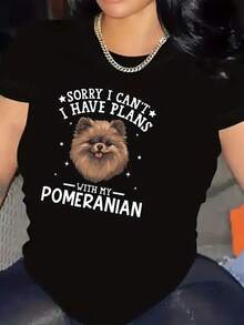 Una camiseta de mujer de manga corta, holgada, moderna, a la moda, retro y elegante, adecuada para actividades al aire libre en primavera y verano, 1 pieza de camiseta con estampado "Lo siento, no puedo salir contigo, tengo que estar con mi Pomerania" - un lindo regalo para mamás de perros, camiseta casual de verano transpirable con diseño de pompón, top de manga corta holgado adecuado para amantes de los perros, ropa casual para amantes de las mujeres amantes de los perros, tela de elasticidad media.blusas para mujer,blusas casuales para dama,tops,, mujer premium,y2k,playeras de mujer curvy,ofertas y liquidaciones ropa mujer,playeras deportivas para mujer,,playeras de hombre, mujer,blusas>elegante MACL - Negro - Ver 8
