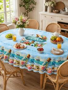 1 Piece Of Summer Beach Starfish Shell Patterned Tablecloth, Polyester Tablecloth With Fan-Shaped Edges, Suitable For Terraces, Kitchenware, Beach Parties, Wedding Decorations, Swimming Pool Parties, Tropical Home Decor, With A Nautical Theme Wallpaper. - Multicolor - View 15