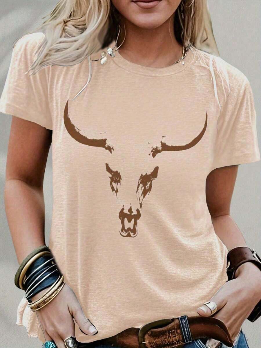 Camiseta con Estampado de Toro - Una Opción de Vanguardia para Entusiastas de Festivales y Amantes del Estilo Bohemio - Estilo Cowgirl a la Moda - Material de Algodón Puro y Suave - Nuevas Camisetas Casuales para Hombres y Mujeres - Albaricoque - Ver 1