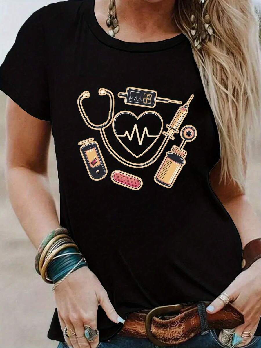 Camiseta con Estampado de Corazón para Profesionales de la Salud, Versátil, Casual, de Cuello Redondo y Manga Corta - Negro - Ver 1