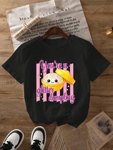 Eres una camiseta brillante con estampado de dumplings, de manga corta, cuello redondo, top casual de primavera/verano, ropa de mujer. - Negro - Ver 1
