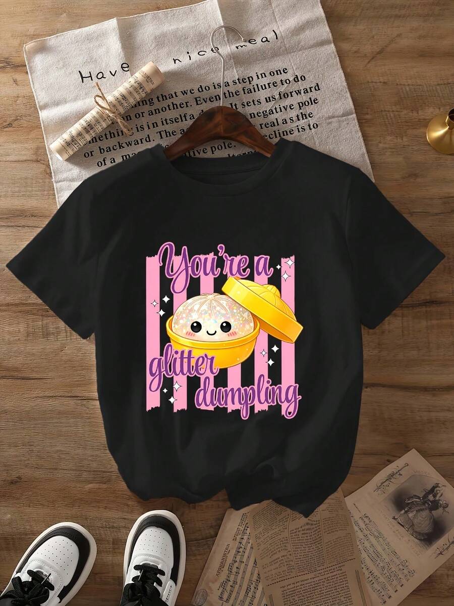 Eres una camiseta brillante con estampado de dumplings, de manga corta, cuello redondo, top casual de primavera/verano, ropa de mujer. - Negro - Ver 1