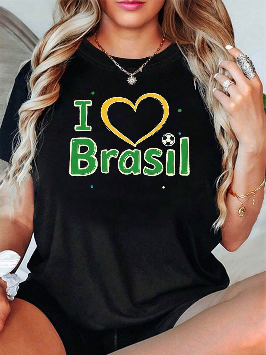 Women's Tops, Women's T-Shirts, Mother's Day, Casual Blouses For Ladies, Women's Tops, 2000s Style, Women's T-Shirt With "I Love Brazil Football" Heart Print, Perfect For Watching Matches And Celebrating Festivals, With A Vibrant And Energetic Short-Sleeve Design That Embodies A Patriotic Spirit. - 黑色 - 查看 1