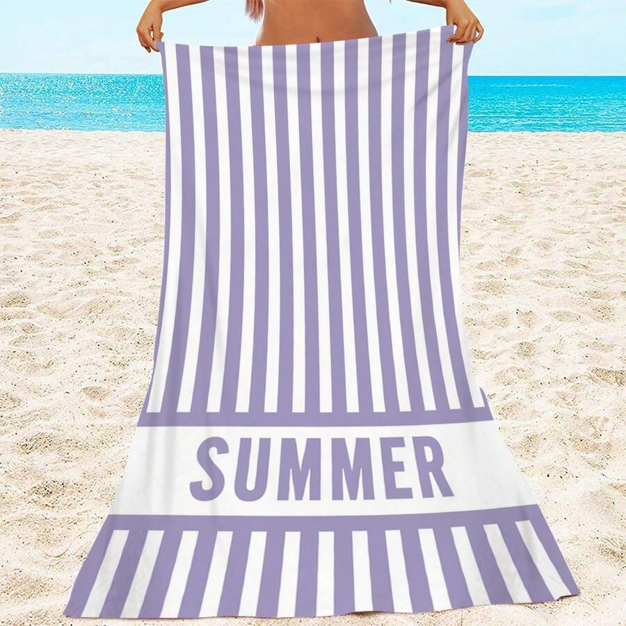 1pc Ultra Soft Purple Striped Summer Pattern Beach Towel, Suitable For Beach, Pool Party, Vacation - Beach & Pool Accessories - Style2 - View 1