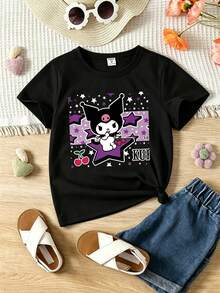Sanrio-Licensed Kuromi T-Shirt With Star And Cherry Pattern For Girls, Cute Casual Shirt, High-Quality Cotton Fabric, Breathable In Summer, Skin-Friendly Class A Fabric, Durable And Abrasion-Resistant - 黑色 - 查看 1