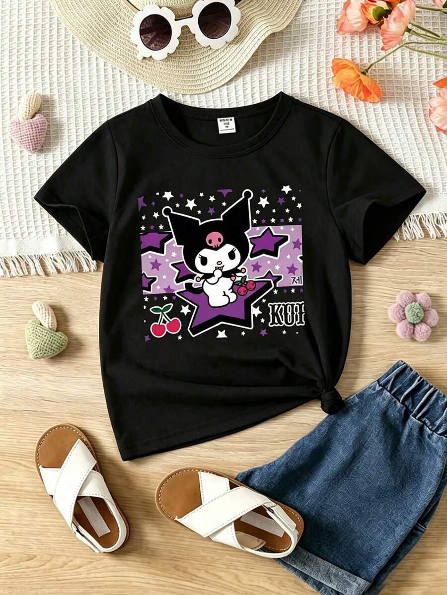 Sanrio-Licensed Kuromi T-Shirt With Star And Cherry Pattern For Girls, Cute Casual Shirt, High-Quality Cotton Fabric, Breathable In Summer, Skin-Friendly Class A Fabric, Durable And Abrasion-Resistant - 黑色 - 查看 1