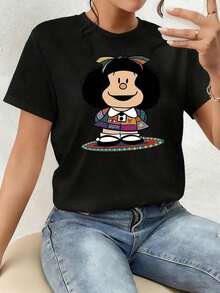 Cartoon Character With Multicolored Bow Symbolizing Joy And Optimism On A Dark Background That Transmits Positive Energy, Women's Double-Sided T-Shirt Casual And Comfortable For Everyday Use, Comfortable Clothing. - 黑色 - 查看 1