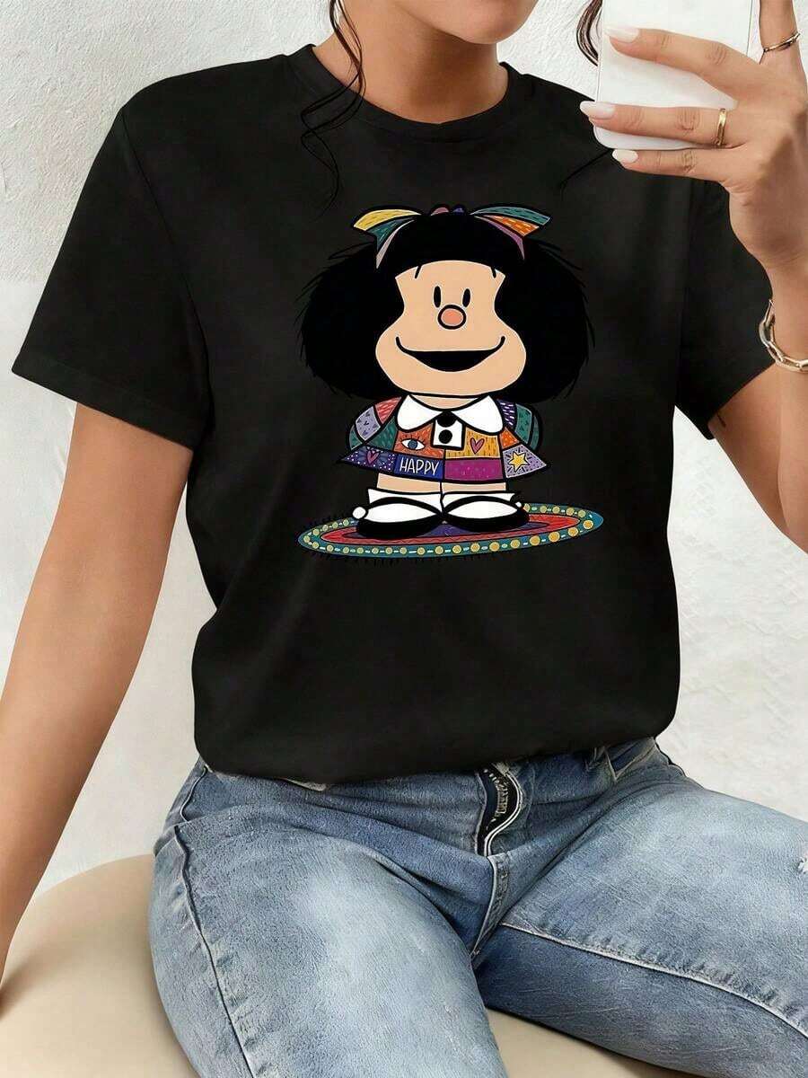 Cartoon Character With Multicolored Bow Symbolizing Joy And Optimism On A Dark Background That Transmits Positive Energy, Women's Double-Sided T-Shirt Casual And Comfortable For Everyday Use, Comfortable Clothing. - 黑色 - 查看 1