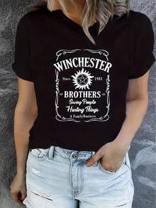 Camiseta casual esencial de talla grande con estampado de letras, top casual de manga corta y cuello redondo, adecuada para verano y primavera, ropa de talla grande para mujer, algodón suave para uso diario. - Negro - Ver 1