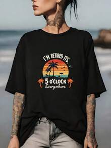 Retired Life Beach 5 O'clock T-Shirt | 180g "Vacation Pride Gift" T-Shirt For Family Reunions And Office Team Building Activities - 黑色 - 查看 1