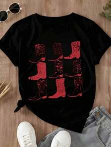Women's Clothing Cowboy Boot Print T-Shirt, Red Western Boot Design, Casual Women's Clothing, Outdoor Style, Fashion Top, Summer Set, Women's Shirts - 黑色 - 查看 2