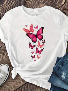 Camiseta Casual de Mujer con Estampado de Mariposas - Manga Corta, Cuello Redondo, Tela Elástica, Diseño de Mariposas Rosa Brillante, Adecuada para Primavera, Verano y Otoño, Camiseta de Mariposas SMGE - Blanco - Ver 2
