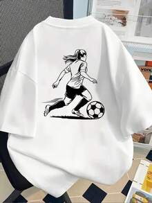 New 180g Short-Sleeved T-Shirt, 1% Cotton, With Prints On The Front And Back - Girl Soccer Player, Playing Soccer - Fashionable Printed T-Shirt For Women, Your Best Choice! - Suitable For Layering In Spring And Autumn, And For Wearing Alone In Summer, Unisex Style. - 白色 - 查看 2
