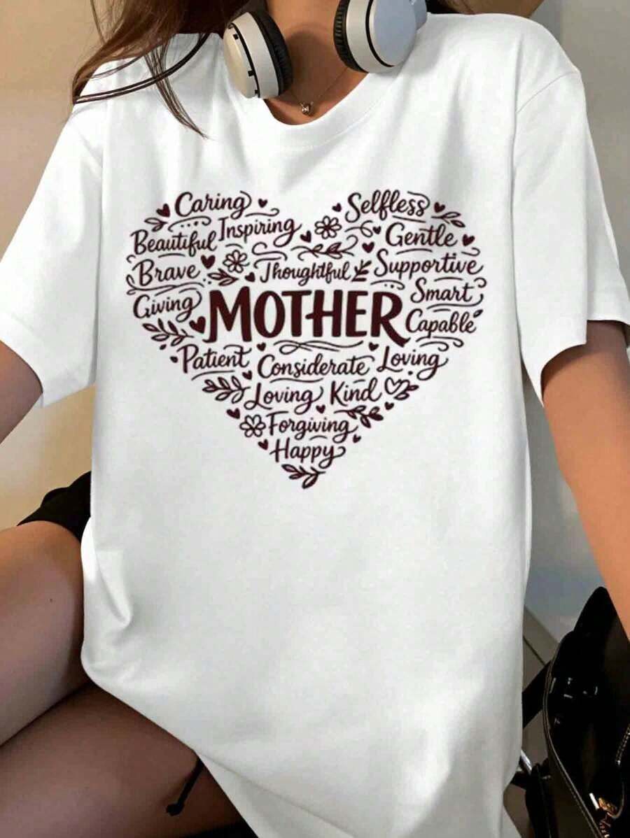 Camiseta con Diseño de Corazón de Madre para Mujer con Palabras Inspiradoras, Regalo de Amor y Cariño para Mamá, Regalo para el Día de la Madre o Cumpleaños [Adecuada para Actividades Casuales y Deportivas] Playera Holgada para Mujer - Blanco - Ver 1