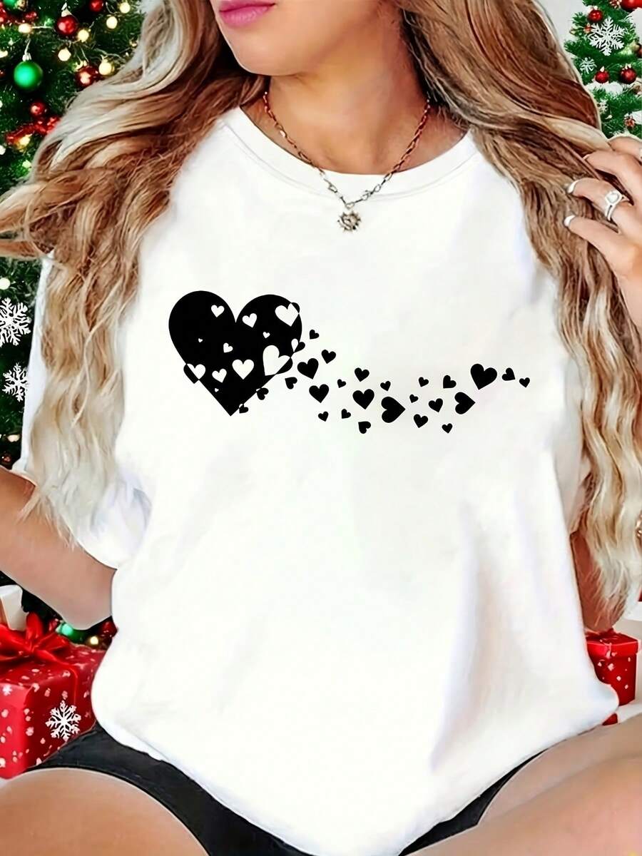 Modern Minimalist T-Shirt, Printed With The Word "Love", White Short-Sleeved Printed T-Shirt, Casual Style, Fashionable Design, Versatile For Everyday Use, Fabric, Casual And Modern Style For Everyday Wear. - 白色 - 查看 1