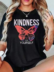 Soft, Breathable, And Lightweight For All-Day Wear. Comfortable Black T-Shirt For Women With A Positive Butterfly Print Promoting Kindness And Self-Love. This Casual Short-Sleeve Crew Neck T-Shirt Is Soft To The Touch, Features Letter Prints And Self-Esteem Messages, And Is Comfortable For All Seasons. Suitable For Casual Wear And As A Mental Health Awareness Garment, It Has A Geometric Design, Is Machine Washable, Has A Relaxed Fit, And Features A Bright Butterfly Design With Digital Printing. Ideal For All Seasons, This Fashionable Casual Women's Clothing Has A Classic Style. The Relaxed Fit Of The Crew Neck Flatters All Body Shapes And Is Easy To Pair With Jeans, Shorts, And Leggings. - 黑色 - 查看 7