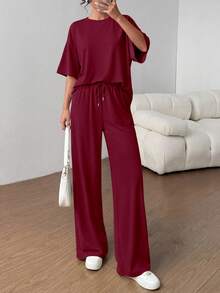 PRETTYGARDEN Women's Summer Clothes 2 Piece Sets Lounge For Short Sleeve Matching Airport Travel Outfits Casual Wine Red Vacation Summer Brunch Wine Red Outfits For Women Mothers Day Outfit - 酒紅色 - 查看 5