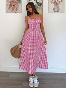 Vestido a media pantorrilla con tirantes a cuadros para mujeres, de moda y apropiado para el verano - Rosa - Ver 6