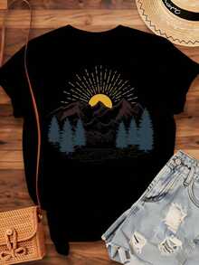 Women's Nature-Inspired Mountain Sunset Landscape Print T-Shirt For Outdoor Adventures, Summer Casual Wear With Pine Tree And Sun Design, 220g - Urban Vintage Style, Unisex, 100% Pure Cotton, Short Sleeve, Crew Neck - 黑色 - 查看 4