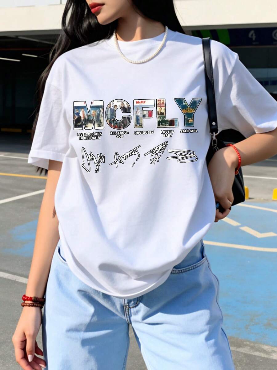 Casual Fashion Women'S T-Shirt Mcfly Band Logo And Song Titles Graphic Print Summer Streetwear Gift For Music Lovers Graphic Neon Comic Positive Classic Creative Edgy - 白色 - 查看 1