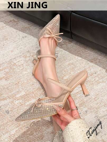 Xin Jing Shoes Women's Elegant Pointed Toe Rhinestone Mesh Bow Stiletto Sandals, Sexy Fashion Strap Commute Party Mid-Heel Ladies Sandals