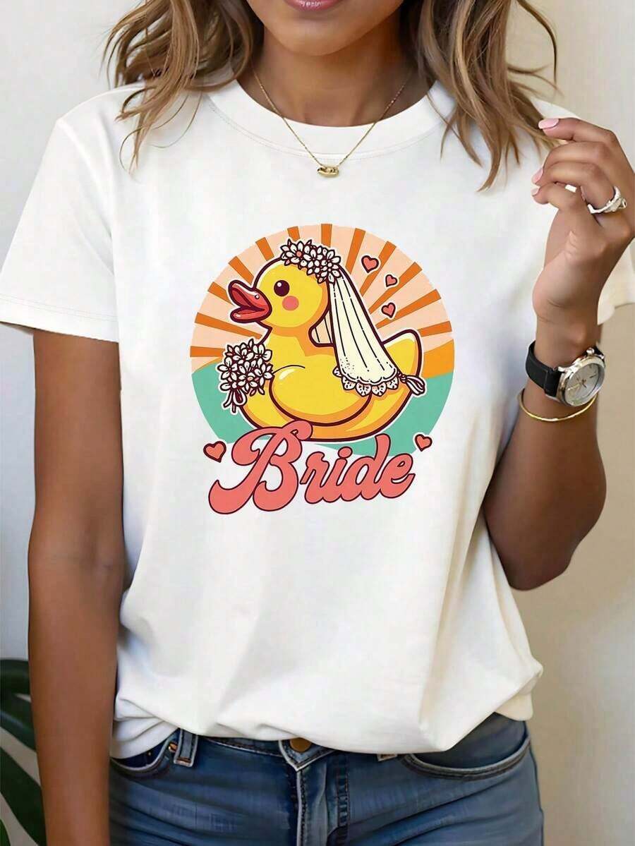 2026 New Cotton Shirt 100% Cotton Women's Size T-Shirt With Duck Graphic Print, Short Sleeve And Round Neck, Casual Top For Summer And Spring, Women's Clothing Women's Simple Solid Color Shirt, Loose And Casual Short Sleeve - 白色的 - 查看 1