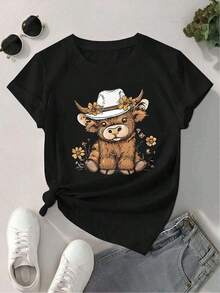 Women's Highland Cow Denim Shirt, Cute Premium Cotton Western Boho Style Blouse, Loose Fit, Comfortable, Casual, Artistic Print. - 彩色 - 查看 2
