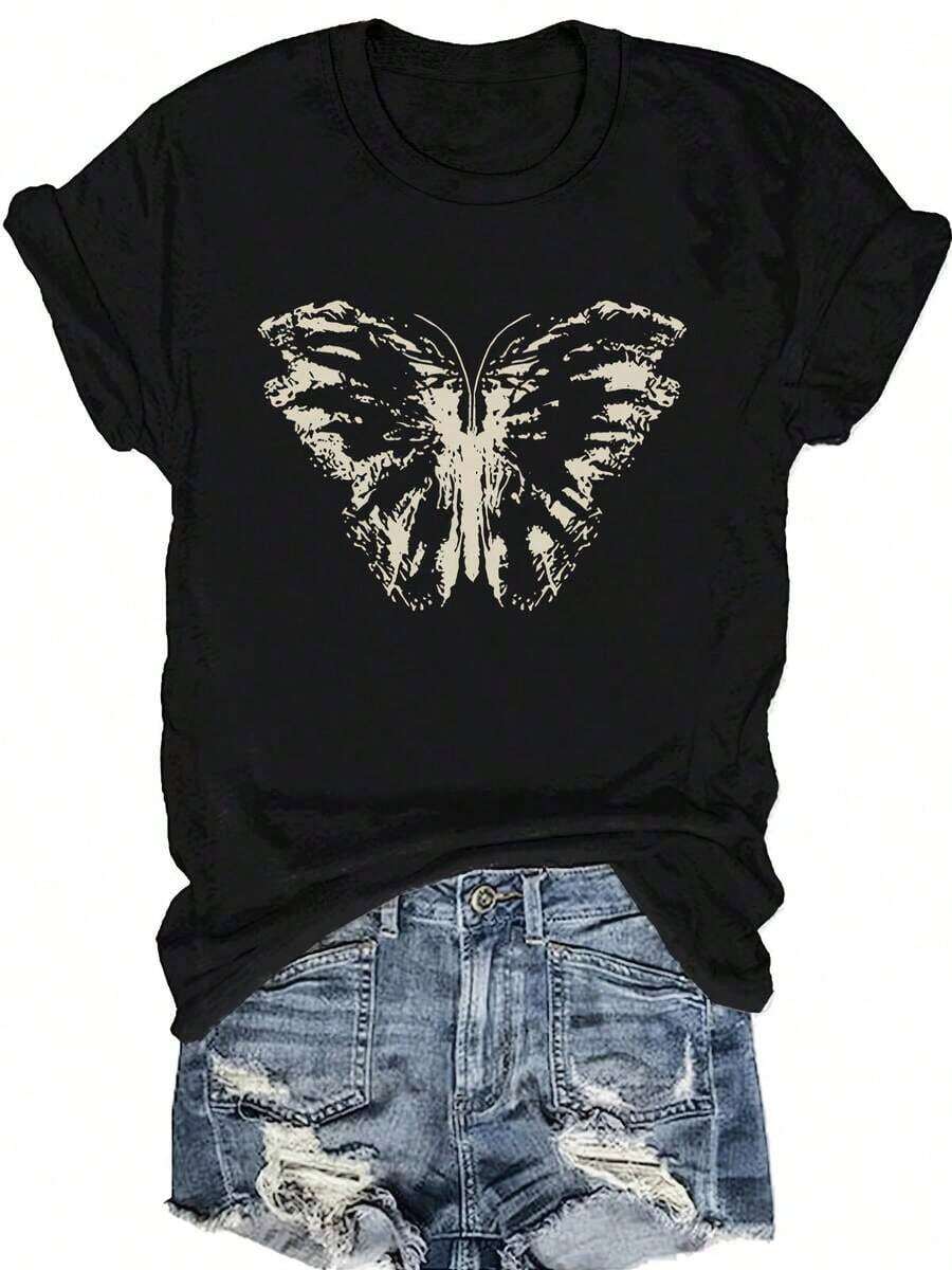 Women's Blouses: Butterfly Print T-Shirt, Casual Short-Sleeved Round Neck Top, Women's Clothing For Spring And Summer, Two-Season Fashion, Vintage Design, Comfortable Fit, Short-Sleeved Shirt For Women. - 黑色 - 查看 1