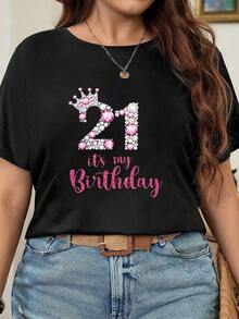 Plus Size 21. This Is A Printed T-Shirt With The Phrase "This Is My Birthday," A Casual Round-Neck, Short-Sleeved T-Shirt, Comfortable And Suitable For Spring And Summer, Women's Clothing. Elegant Party Outfit, T-Shirt For Elegant Ladies, Blouses Suitable For Curvy Women, Casual Wear, Cool And Sweat-Free Summer Clothing, Fun Letter Print. - 黑色 - 查看 6