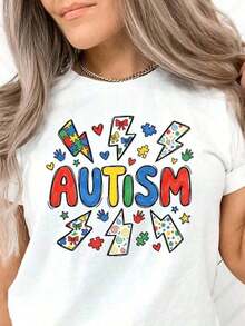 blusas para mujer100% cotton Mom Shirt, Colorful Puzzle Bolt Tee, A Awareness Month April Gift, Support Shirt, Wear Blue April 2 Camiseta informal de moda con estampado creativo para mujer, de manga corta y cuello redondo, para primavera y verano T-Shirt Women Festive Celebration Shirt Party Wear Topeurmuse - Blanco - Ver 7