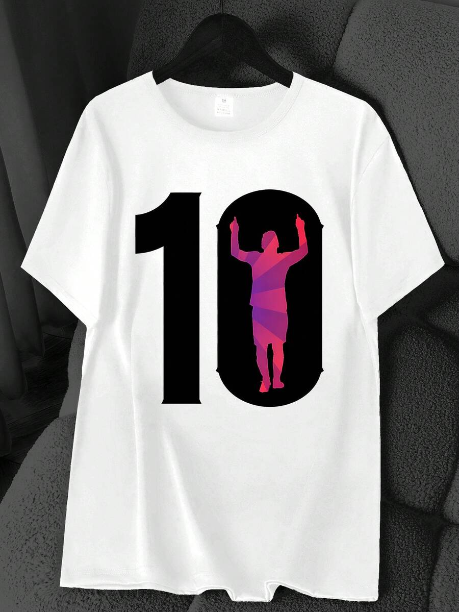 T-Shirt With Soccer Elements And A Number 10 Print. Available In 6 Colors, Short Sleeves, Round Neck, High-Stretch Casual Sports Top. Machine Washable. Suitable For Spring And Summer. Can Be Worn In All Seasons. Women's Clothing. Elegant Party Outfit, T-Shirt For Elegant Ladies, Blouses Suitable For Curvy Women, Casual Wear, Cool And Sweat-Free Summer Wear, Fun Letter Print. - 白色 - 查看 1