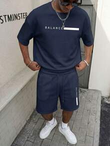 Men's Solid Color Short Sleeve T-Shirt And Shorts Casual Set - Navy Blue - View 2