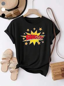 Mexican Graphic Tee For Women - Vibrant Comic Style BANG!!! Graphic With Yellow Starburst, Red Lettering, And Small Stars. Perfect For Everyday Wear, This Classic Basic Tee Is Ideal For All-Day Comfort And Is A Fashionable Summer Cotton T-Shirt. - 黑色 - 查看 9