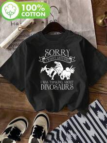 Y-Dinosaur Fantasy-Black, I'm Thinking About Dinosaurs-Reptile, Adult Dinosaur Print T-Shirt, Casual Short Sleeve Round Neck Top, For Summer And Spring, Women's Blouses. - 黑色 - 查看 1