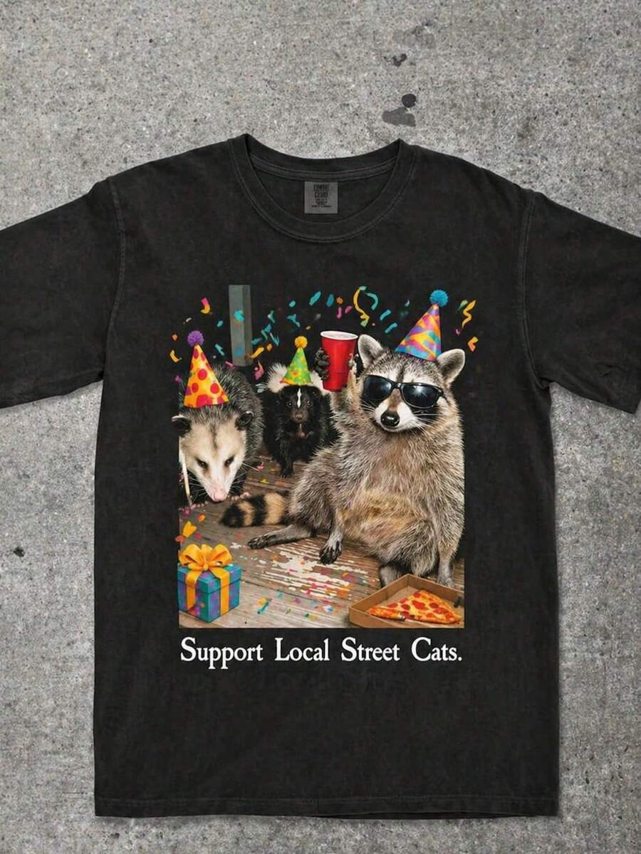 Animal Day Funny Emotion T-Shirt, Women's Round Neck T-Shirt, Loose And Casual Fit, Soft And Comfortable, Suitable For All Seasons, Short Sleeve Top For Women, Machine Washable, Local Warehouse. - 黑色 - 查看 1