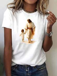 Jesus, Children's Print, Women's Casual Short-Sleeved T-Shirt, Comfortable Fit, Matching Sister Sets, Outdoor Travel Essential, Women's T-Shirt, Spring/Summer T-Shirt. - 黑色 - 查看 6