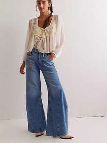 Women T-shirt, Long Sleeve Low-cut Pleated Tie-up See-through Solid Loose Sheer Tops Clubwear - Blanco - Ver 8