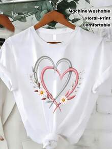 Women's Printed T-Shirt - Casual Short Sleeve Crew Neck T-Shirt With Floral Print And Knot Front. Relaxed Fit For All Seasons, Perfect For Everyday Wear And Holiday Outfits (Machine Washable). - 白色 - 查看 1
