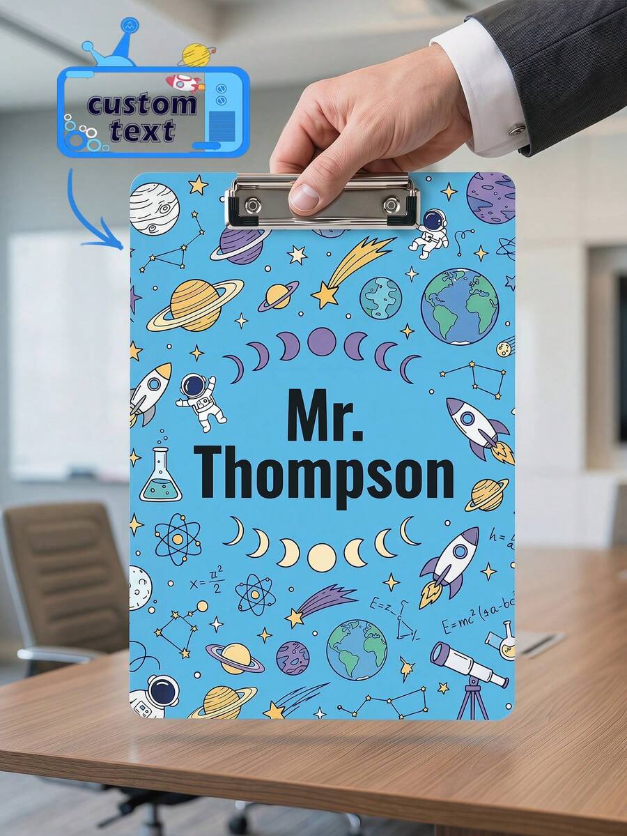 1pc Custom Text Space & Science Teacher Clipboard, Personalized Name Acrylic Clipboard With STEM Pattern, Science Teacher Clipboard With Metal Clip, Back To School Classroom Supply, Teacher Appreciation Gifts, Blue Cute Astronaut Clipboard, Alaxy & Planet Design - Multicolor - View 1