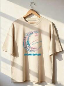 Pink And Blue Moon Print T-Shirt, Fashionable Short-Sleeved T-Shirt For Spring/Summer 2026, Made In Mexico, 180 Grams. Cartoon Print, Couple Design, Suitable For Indoor Or Outdoor Wear. Crew Neck, Unisex, Ideal For Office And Leisure. One-Pack. - APR-P631577SLNDXZGY580 - 查看 1
