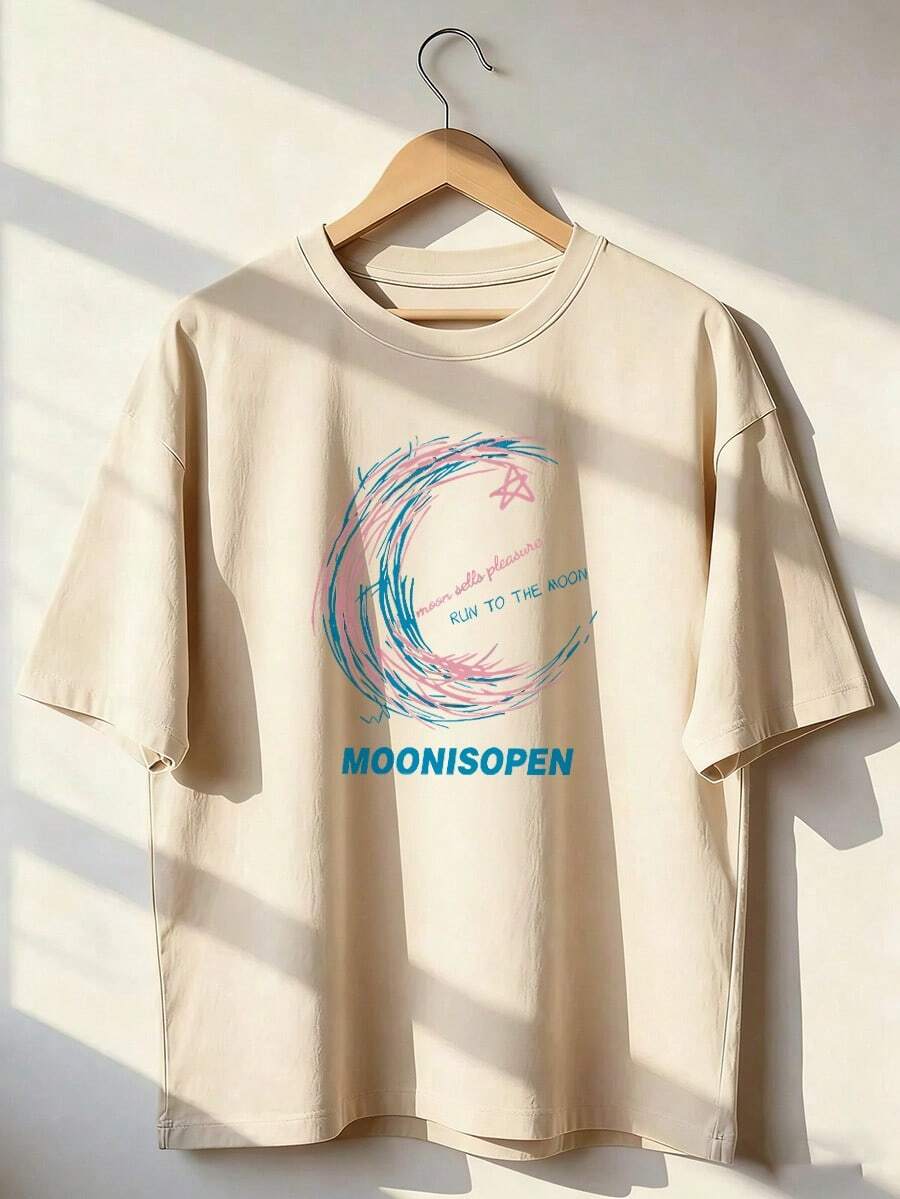 Pink And Blue Moon Print T-Shirt, Fashionable Short-Sleeved T-Shirt For Spring/Summer 2026, Made In Mexico, 180 Grams. Cartoon Print, Couple Design, Suitable For Indoor Or Outdoor Wear. Crew Neck, Unisex, Ideal For Office And Leisure. One-Pack. - APR-P631577SLNDXZGY580 - 查看 1